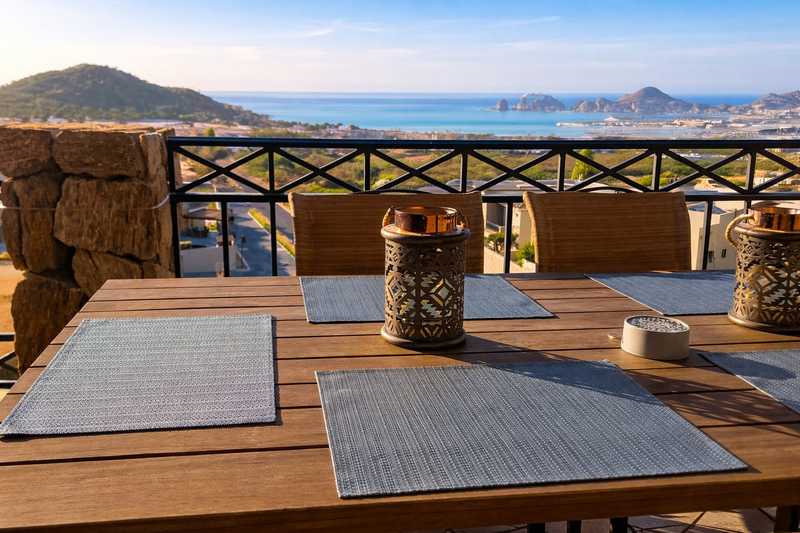 Outdoor dining on the terrace with ocean views at Casa de Corona in Cabo San Lucas